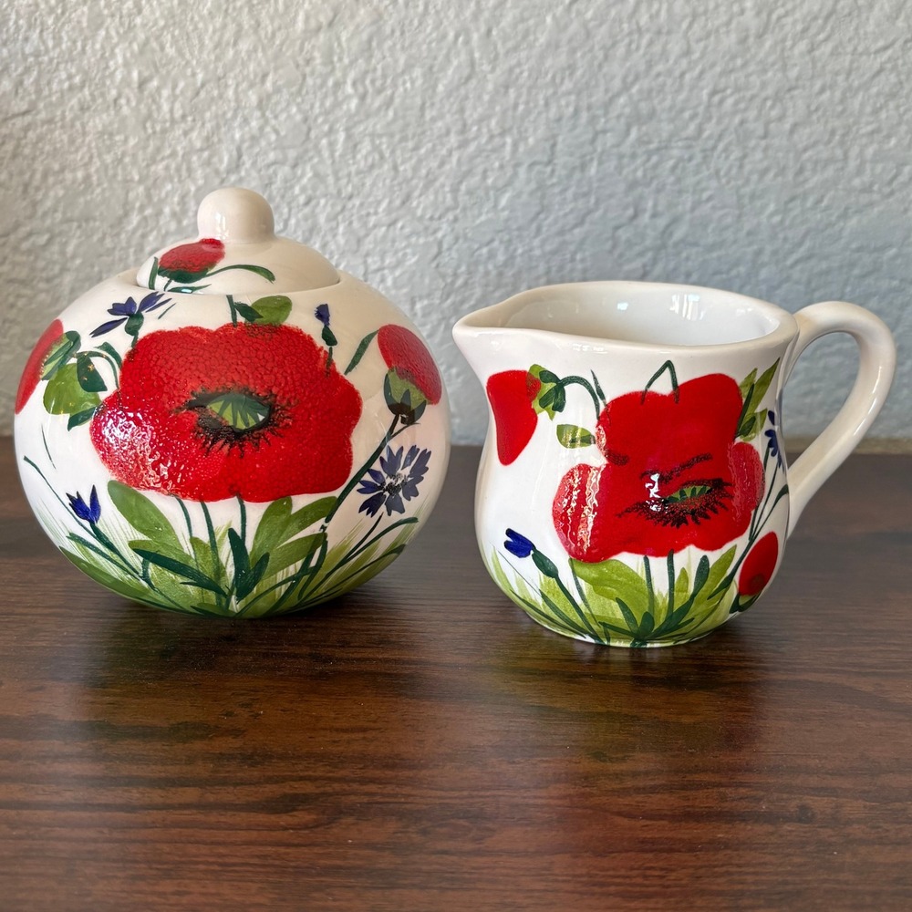 Vintage‎ Italian Hand Painted Poppy Sugar Bowl & Creamer Set Mid Century Pottery